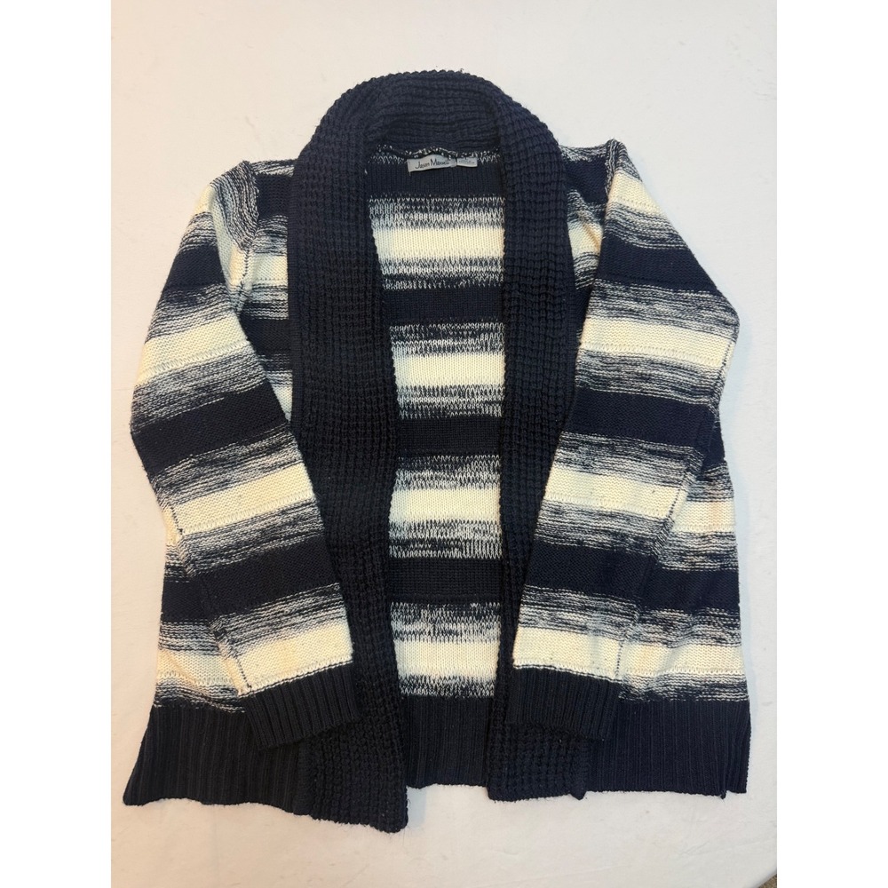 Jason Maxwell Navy Blue White Striped Shawl Collar Open Front Cardigan Sweater L